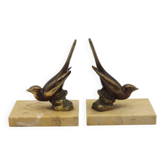 Vintage French Art Deco Bronzed Effect Spelter Swallow And Marble Book Ends 4770