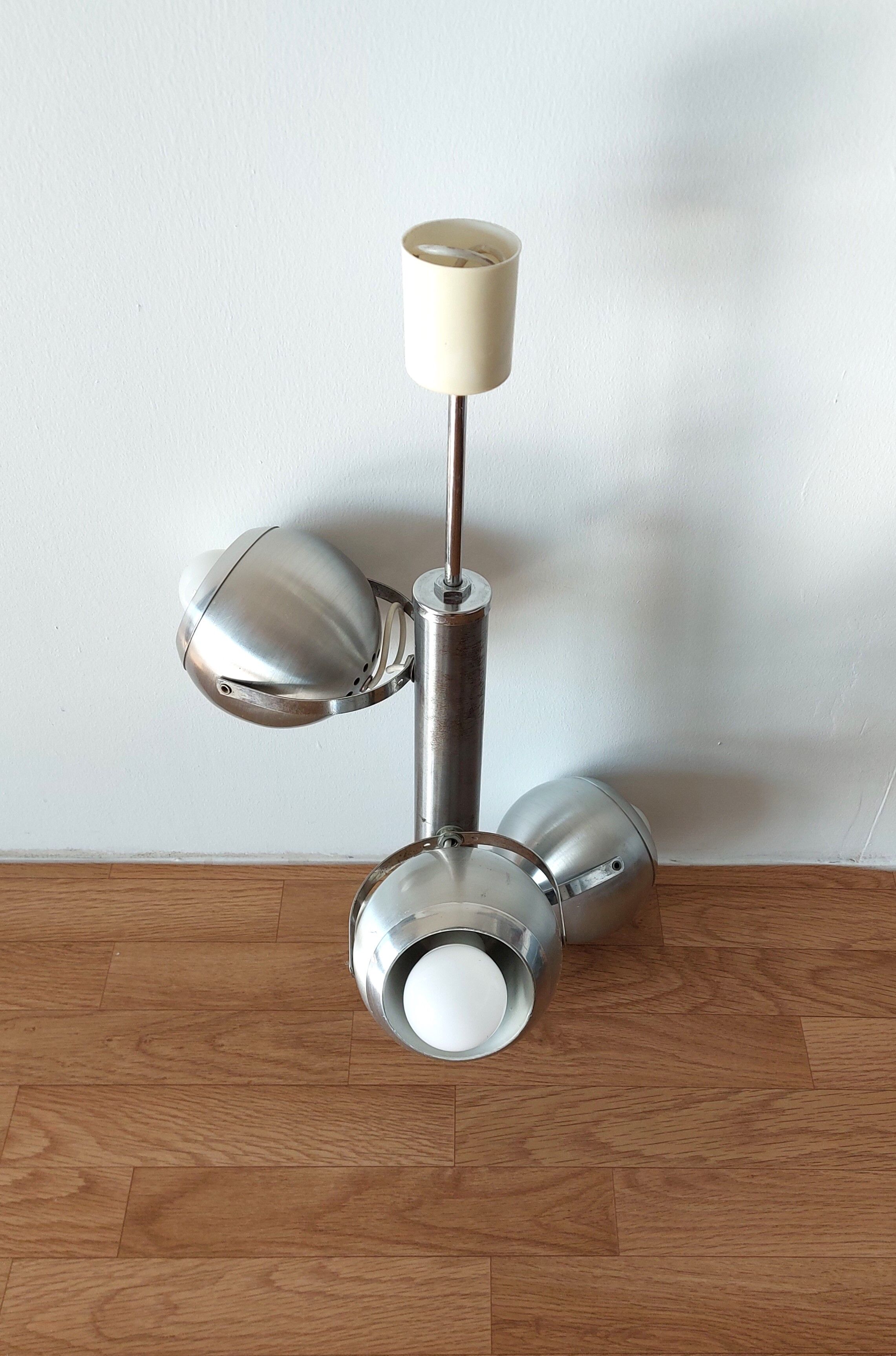 Italian chandelier with three lights in brushed aluminum 1970 "Eyeball"