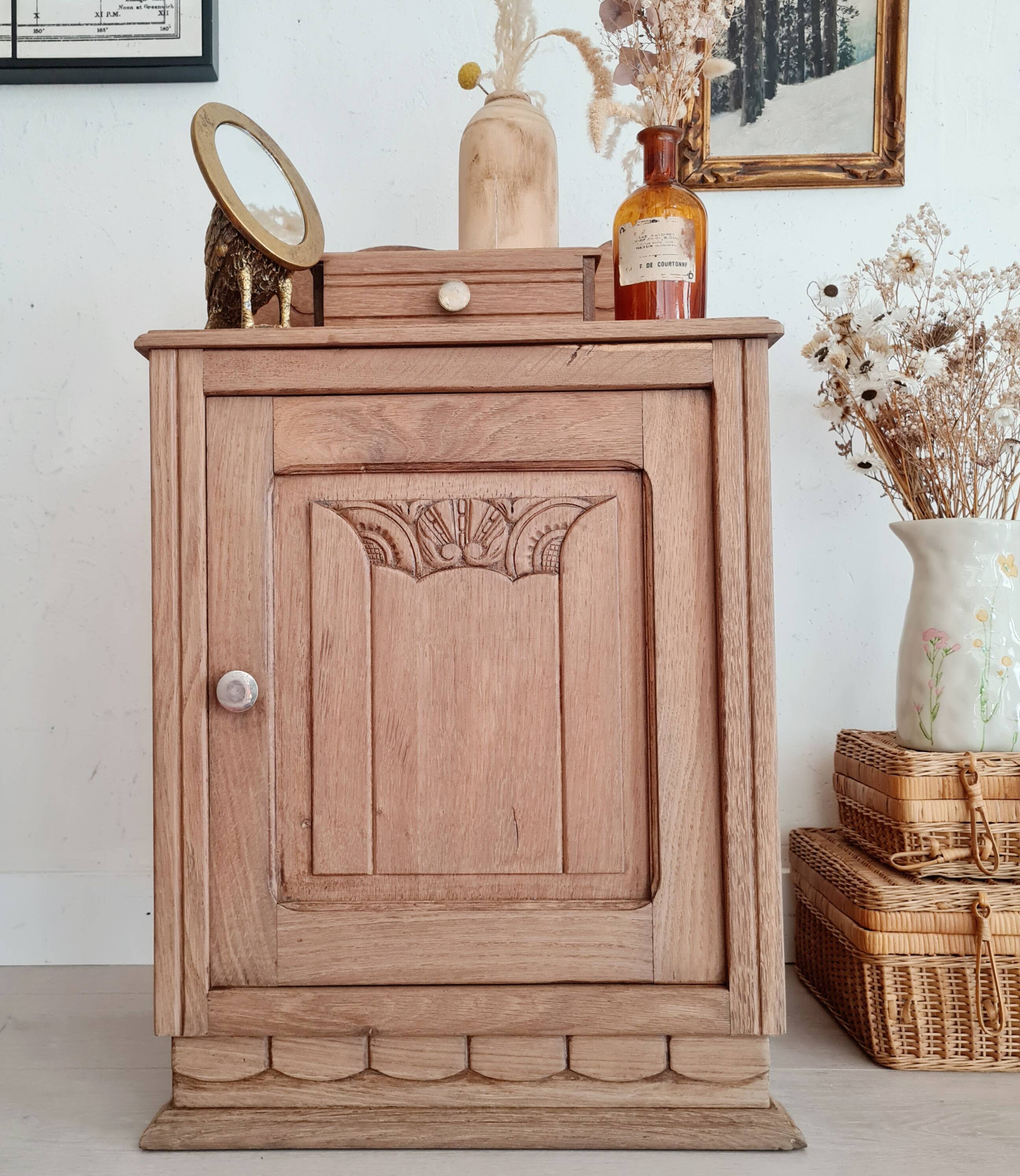 Paire de chevets Art Déco bois brut rénovés