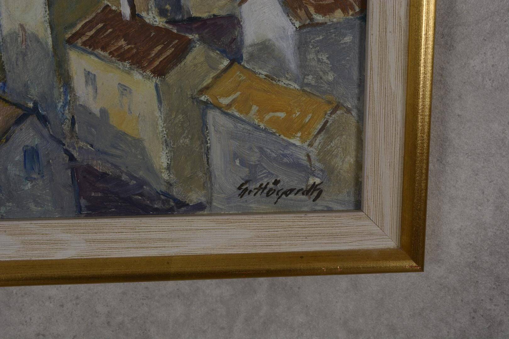 Original Swedish Mid-Century Oil on Canvas “Town” by Tage Garvik Vintage & Framed