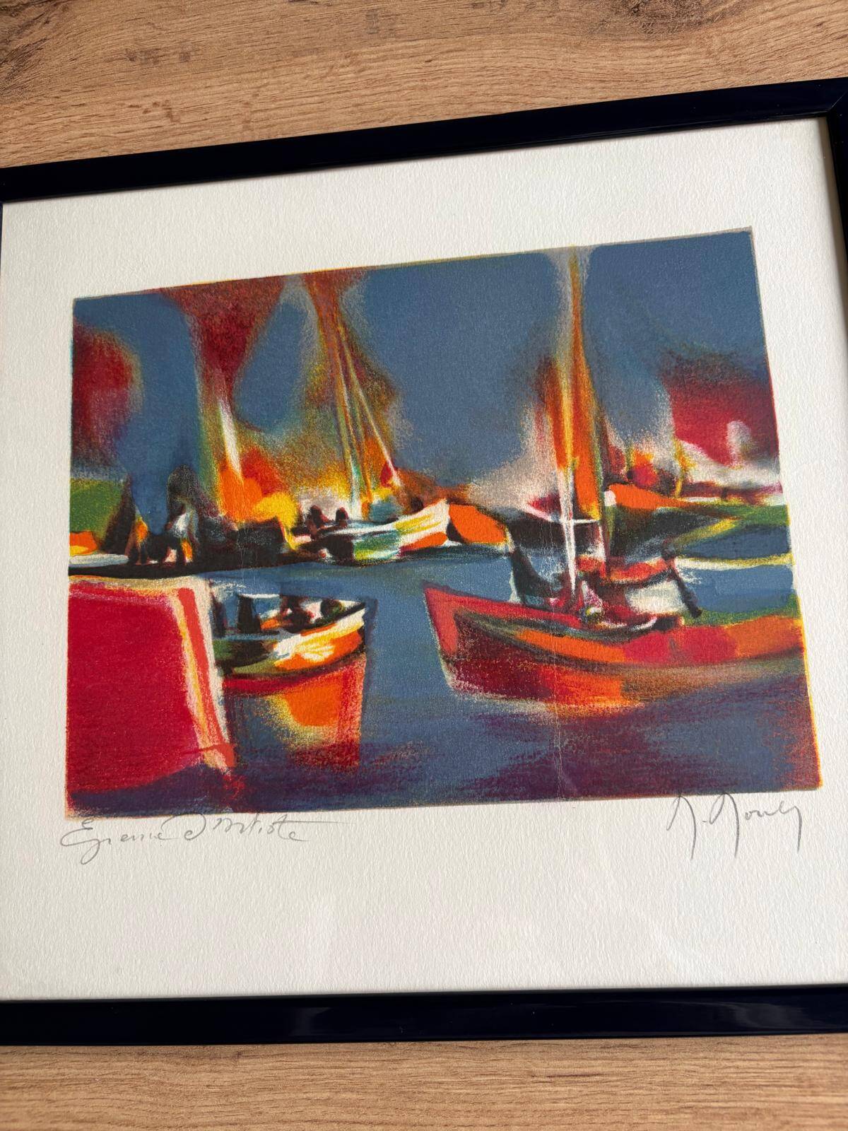 Signed lithograph by Marcel Mouly – Post-Cubist port scene