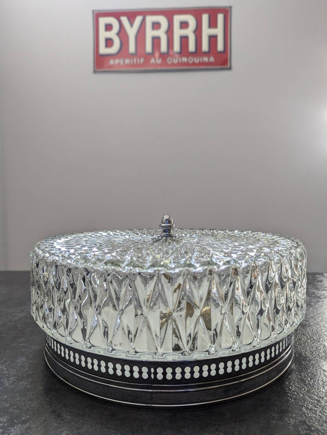 Old silver ceiling light with diamond glass 1960 Haussmannian 30 cm