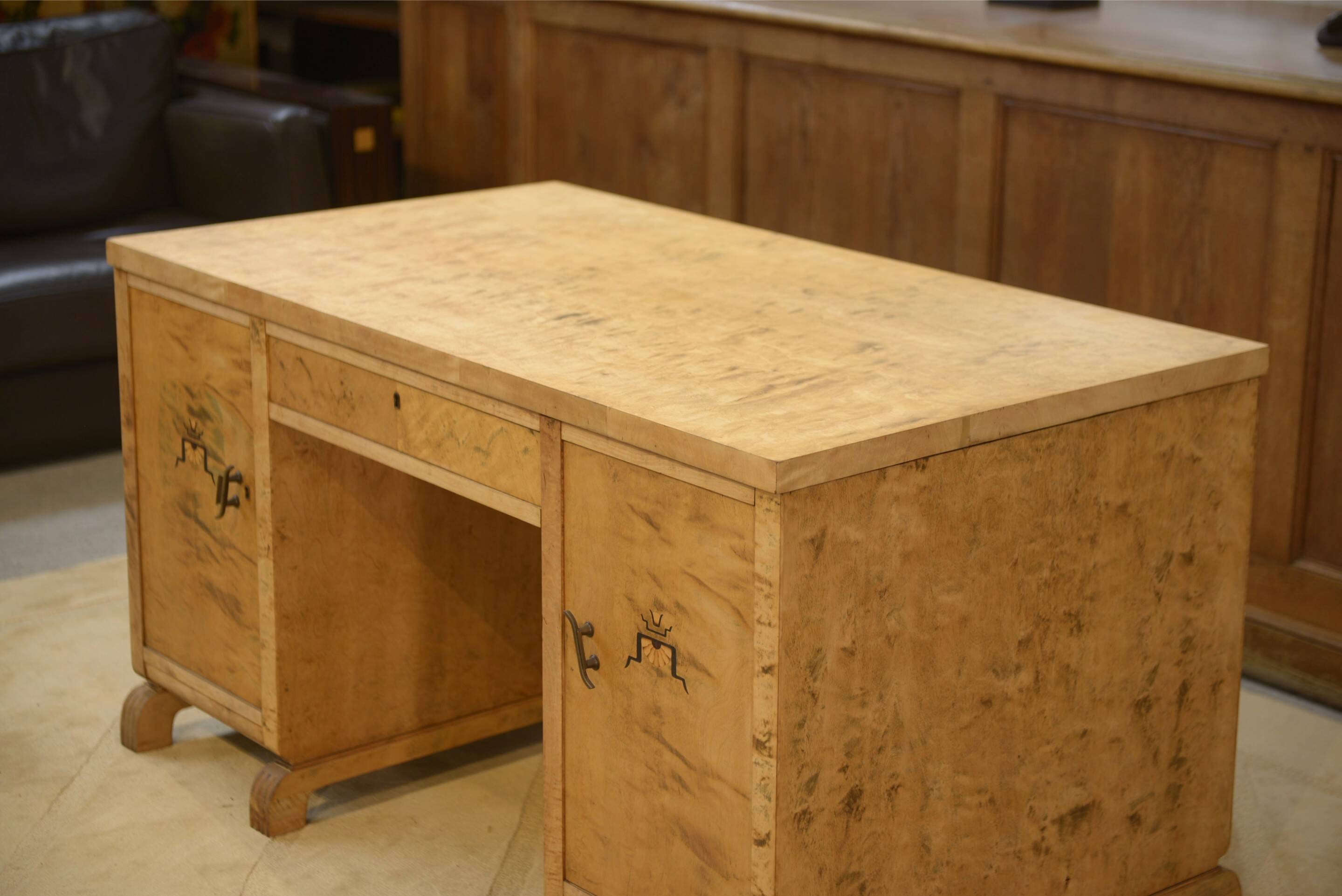 English desk in birch veneer with bee pattern marquetry from the 1950s.