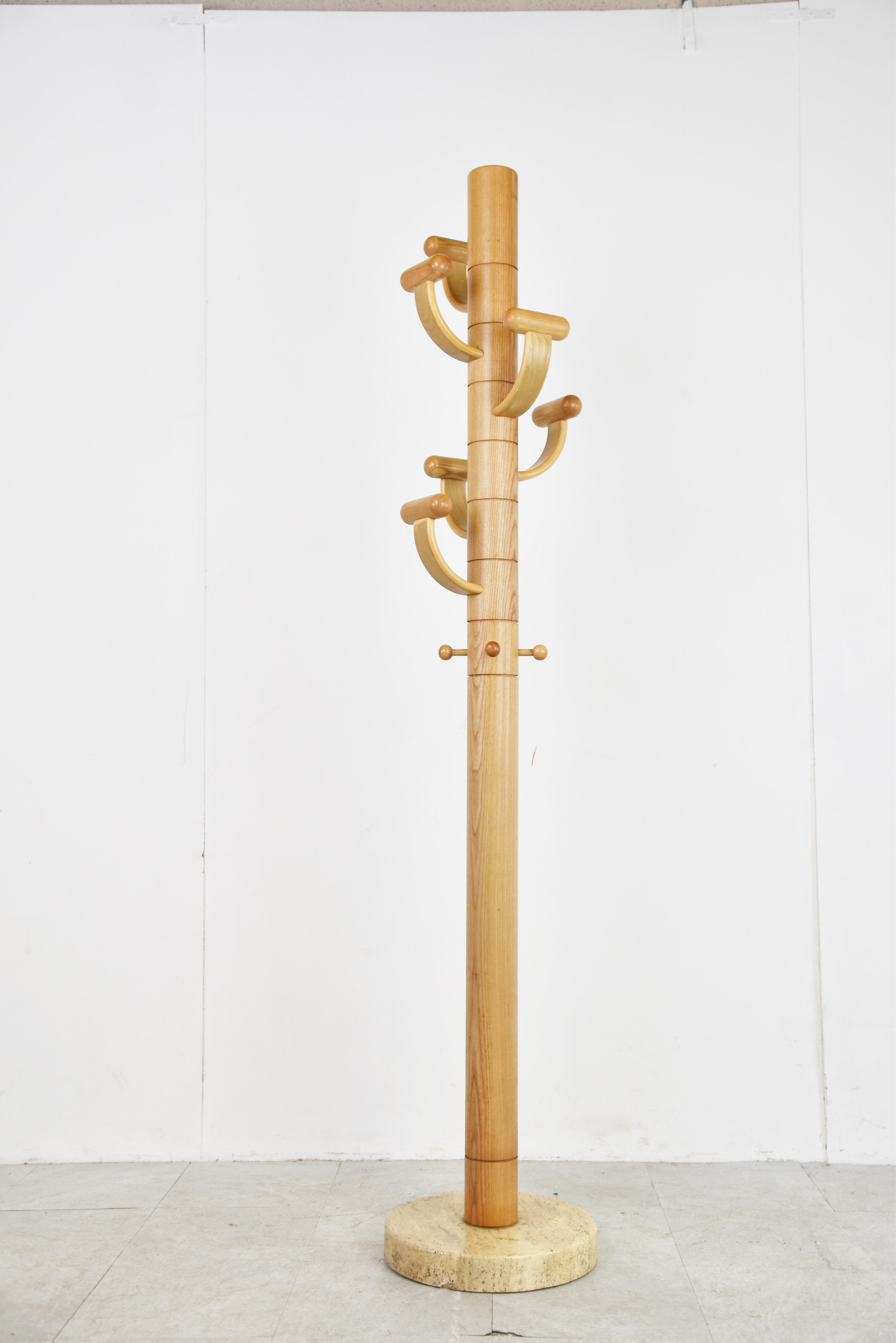 Modernist travertine and wood coat rack 1980s