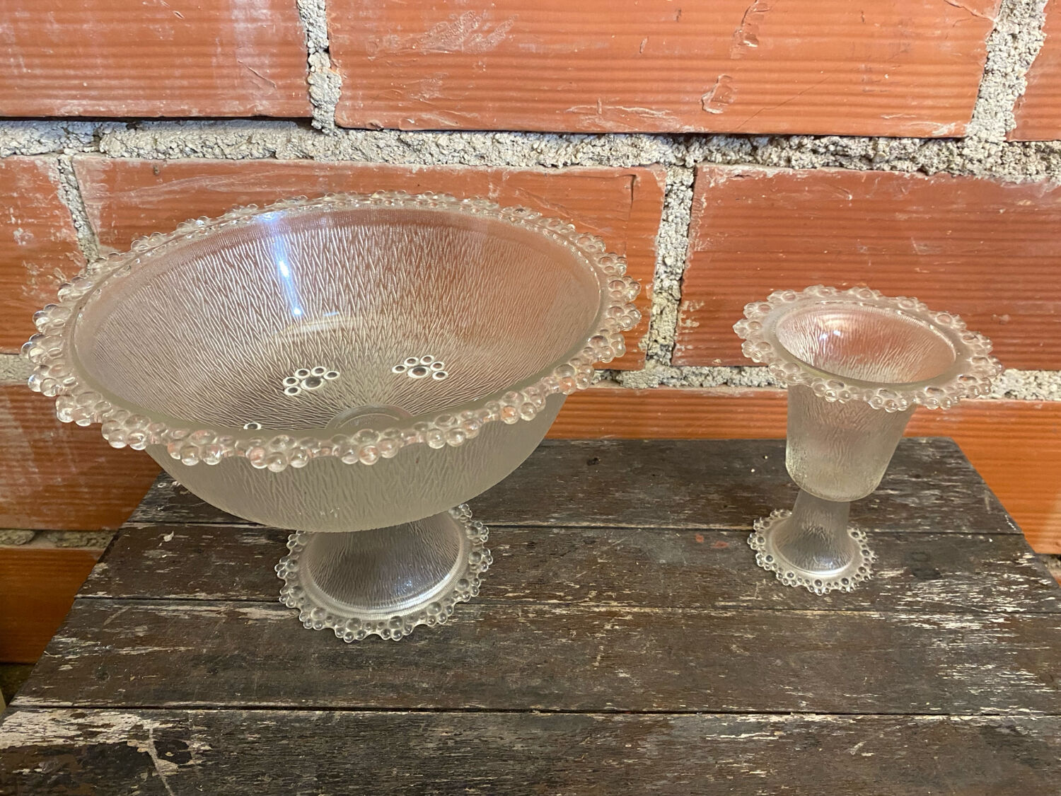 Masserini barocco fruit bowl pair moulded glass bead row vintage