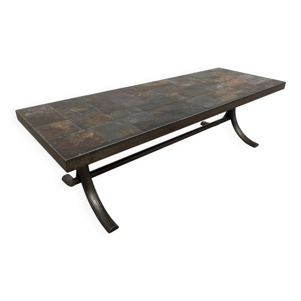 Table basse brutaliste en pierres naturelles et fer forgé, France vers 1960