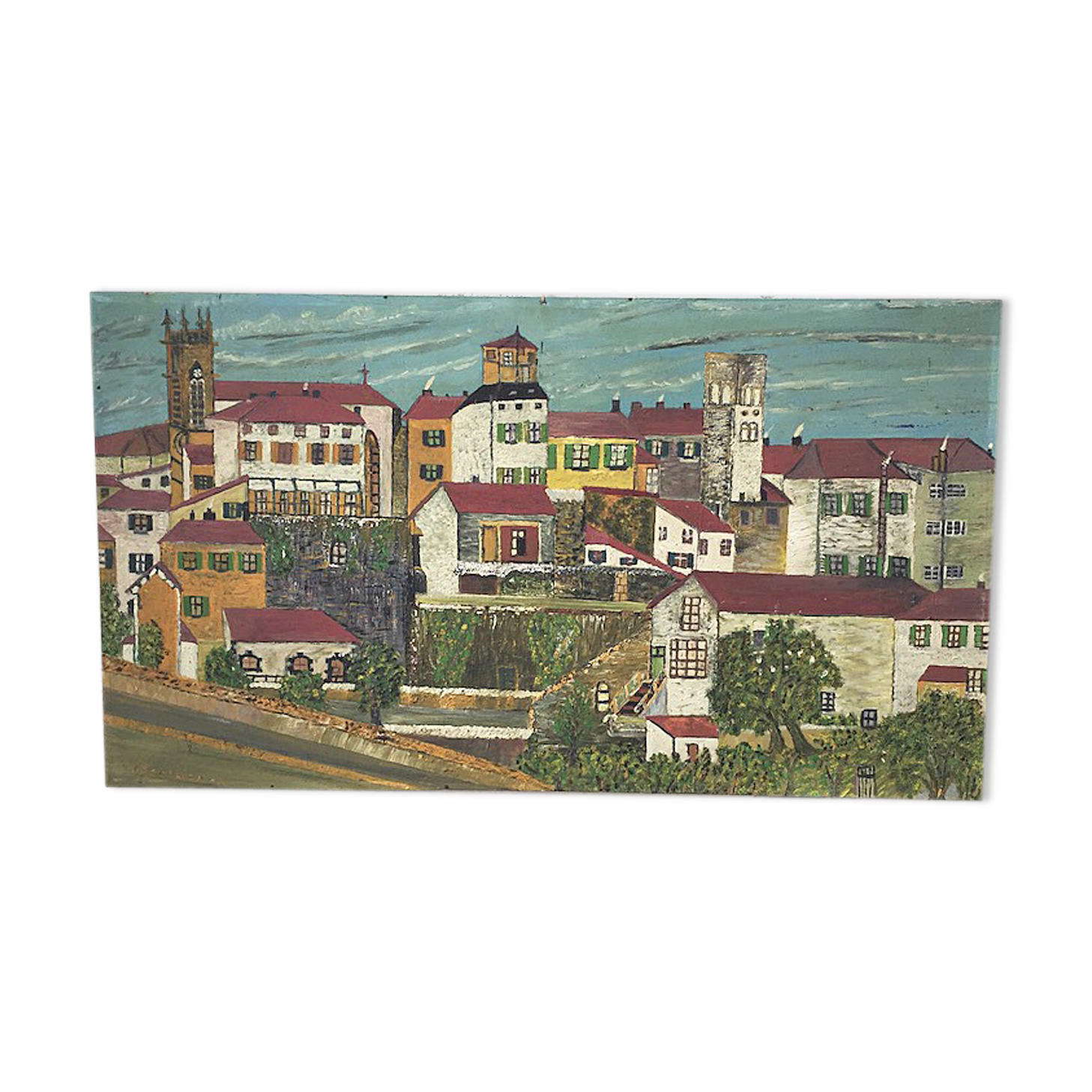 Huile sur bois « ville » Bernier