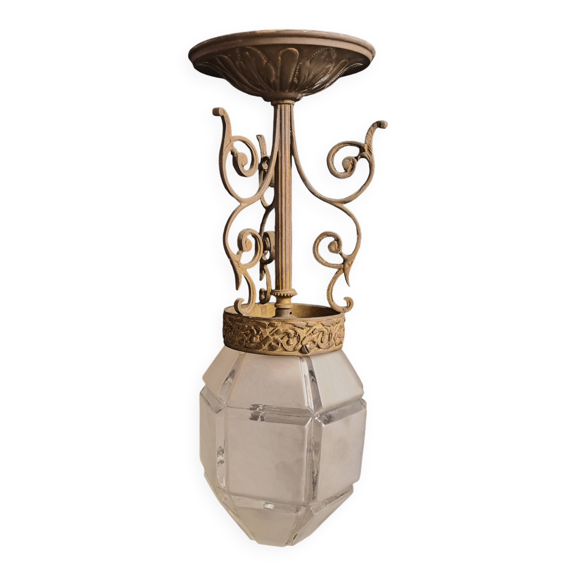 Art Deco Metal Pendant Lamp with Frosted Glass Globe