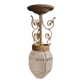 Lampe de Suspension Art Déco En Métal avec Globe en Verre Dépoli