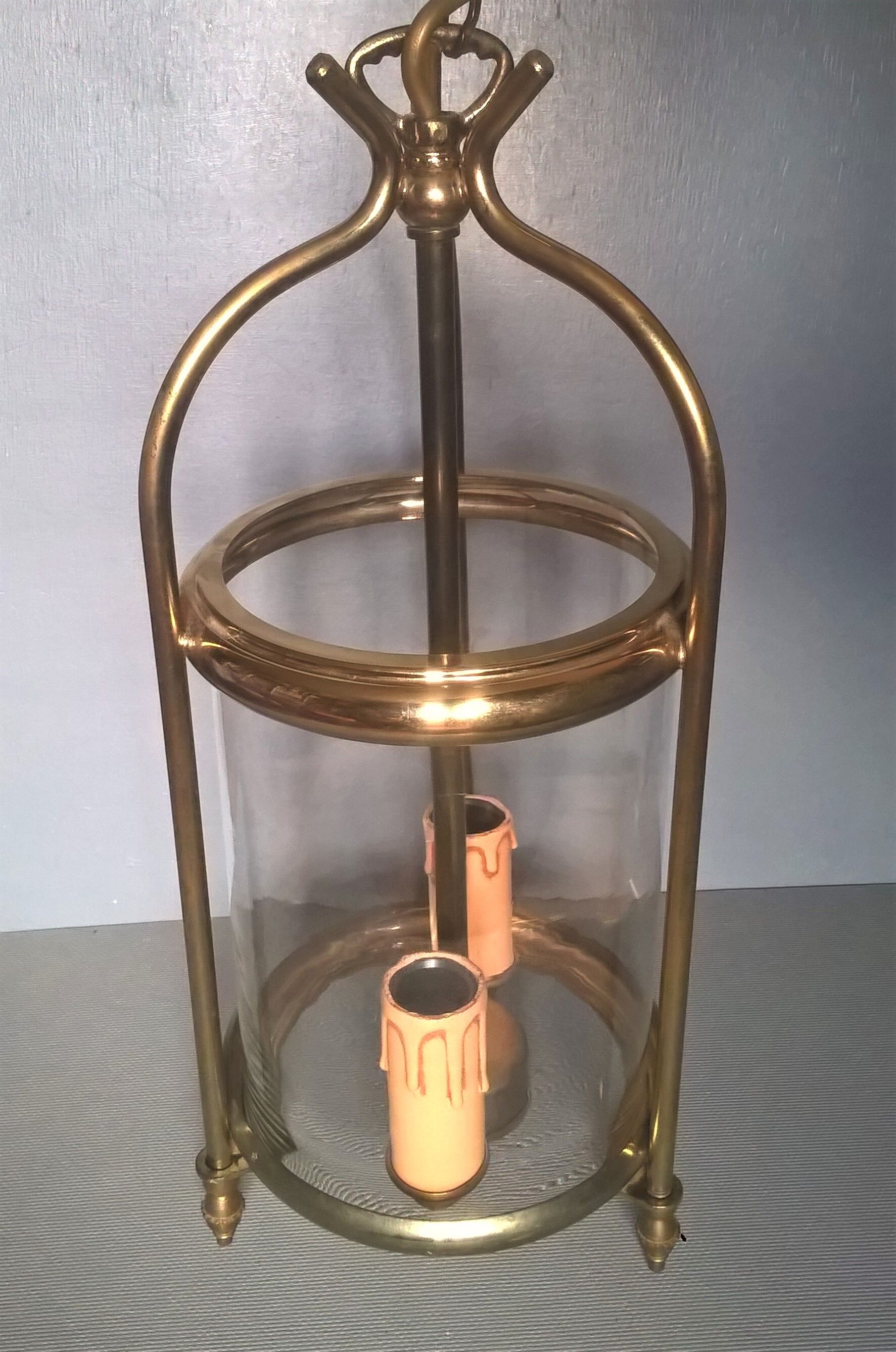 Lantern cage two lights translucent cylindrical glass and three-foot brass - classic style