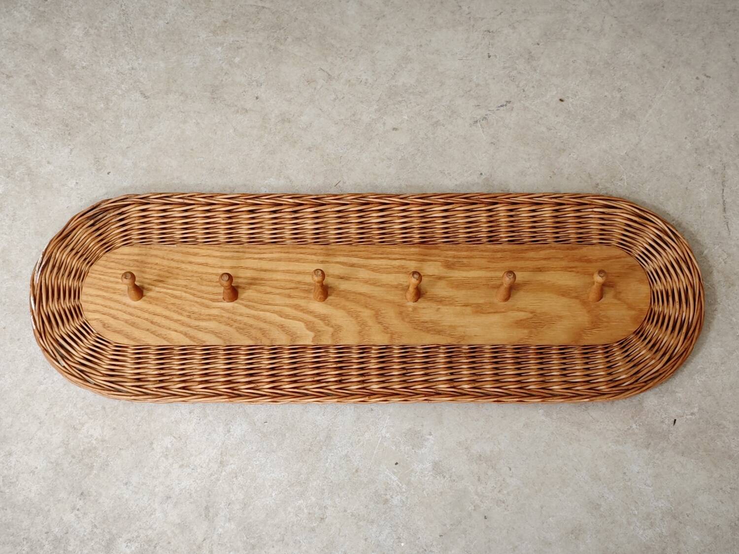 Rattan and wood wall coat rack by ULUV, former Czechoslovakia 1960