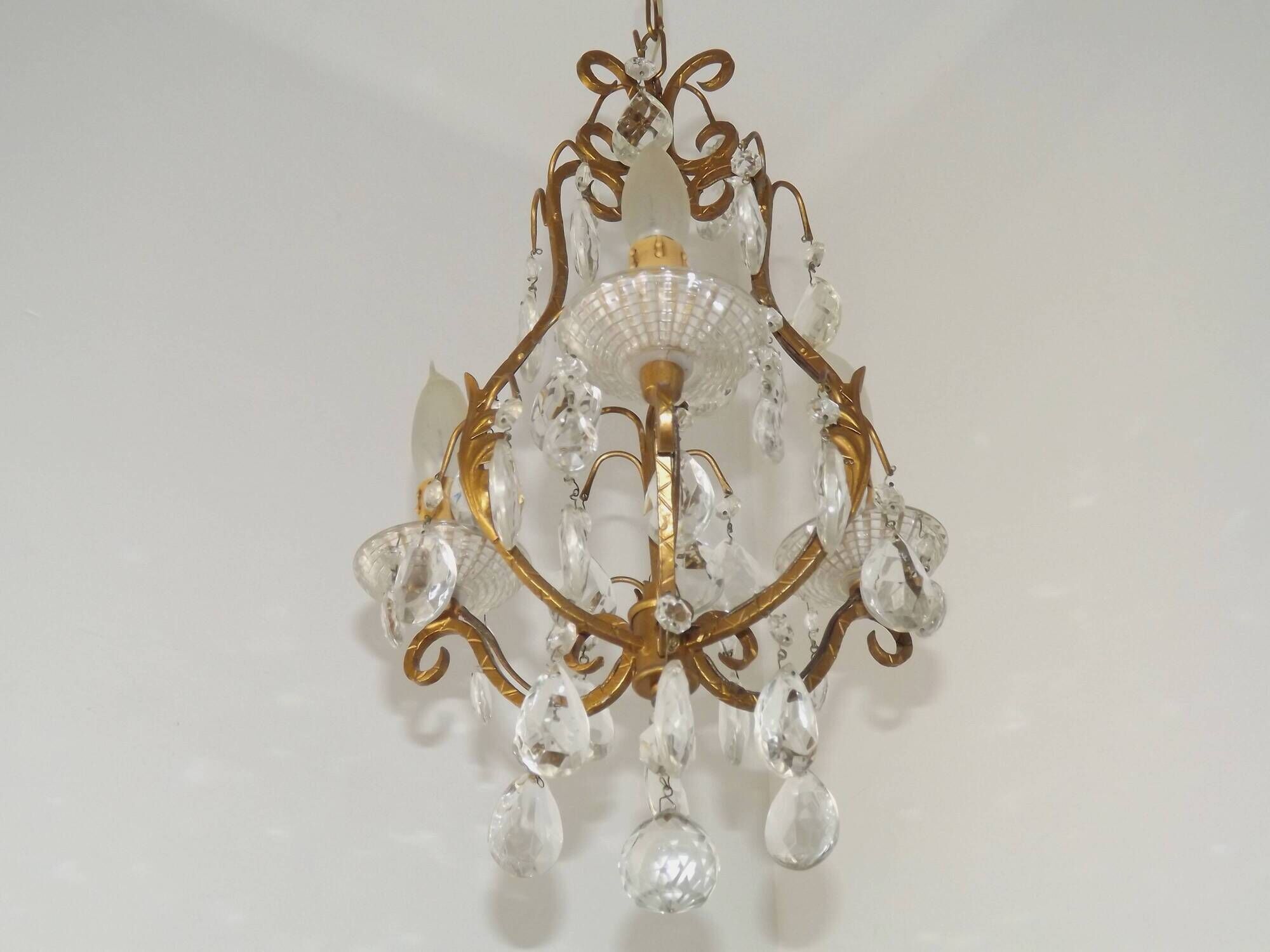 French Vintage Goldtone Metal & Crystal 3 Light Cage Chandelier 5502