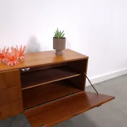 Vintage small teak cabinet with drawers, flap and black handles, hallway cabinet.