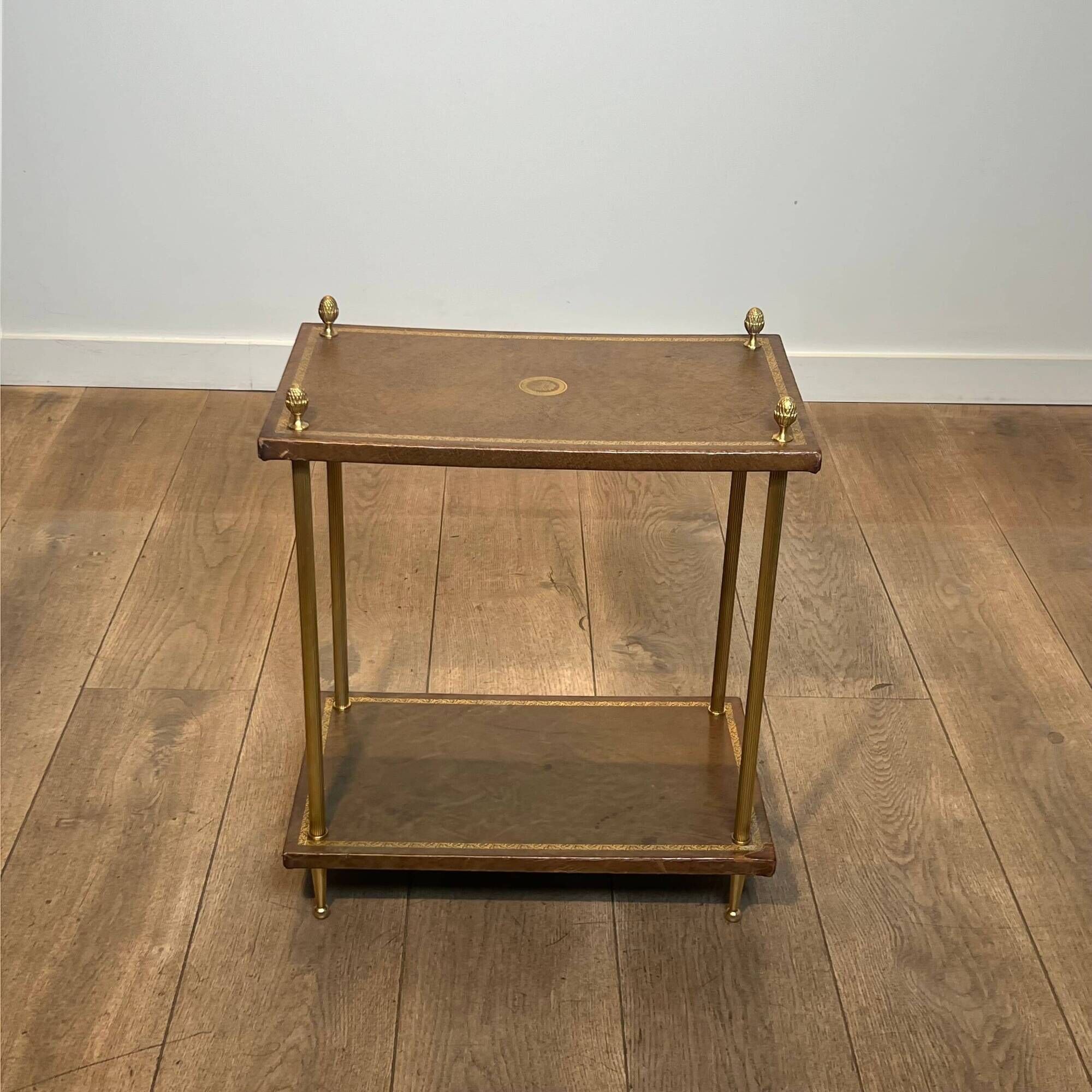 Double Tray Leather Sofa Table in Golden Tawny with Small Iron Details. Brass