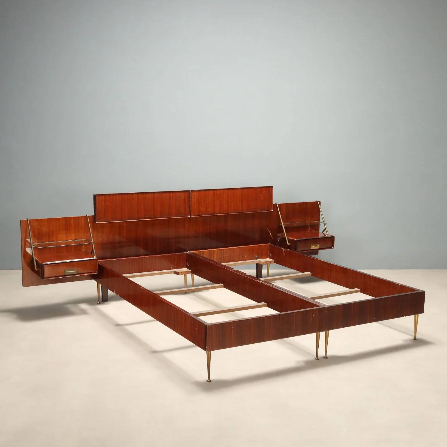 Double bed from the 1960s with bedside tables by Silvio Cavatorta.