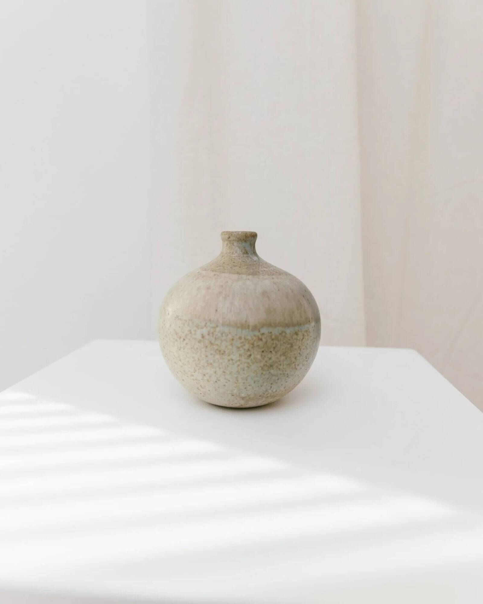 Beige Bernd Röter Studio Ceramic Vase by Clemenswerth Germany, Vintage Mid-Century with Green-Blue Glaze