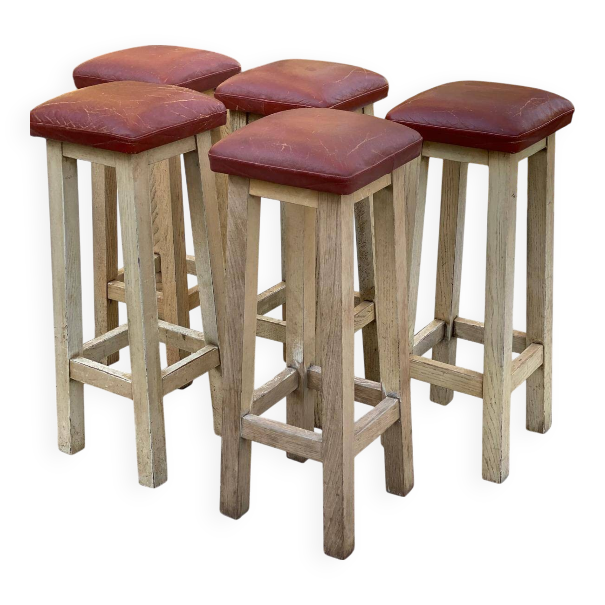 Square high bar stools in solid wood with burgundy leather 83cm
