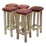 Square high bar stools in solid wood with burgundy leather 83cm