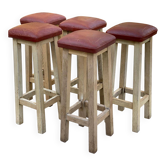 Tabourets de bar carrés en bois massif et cuir bordeaux
