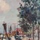 Vintage original Scandinavian harbor oil painting