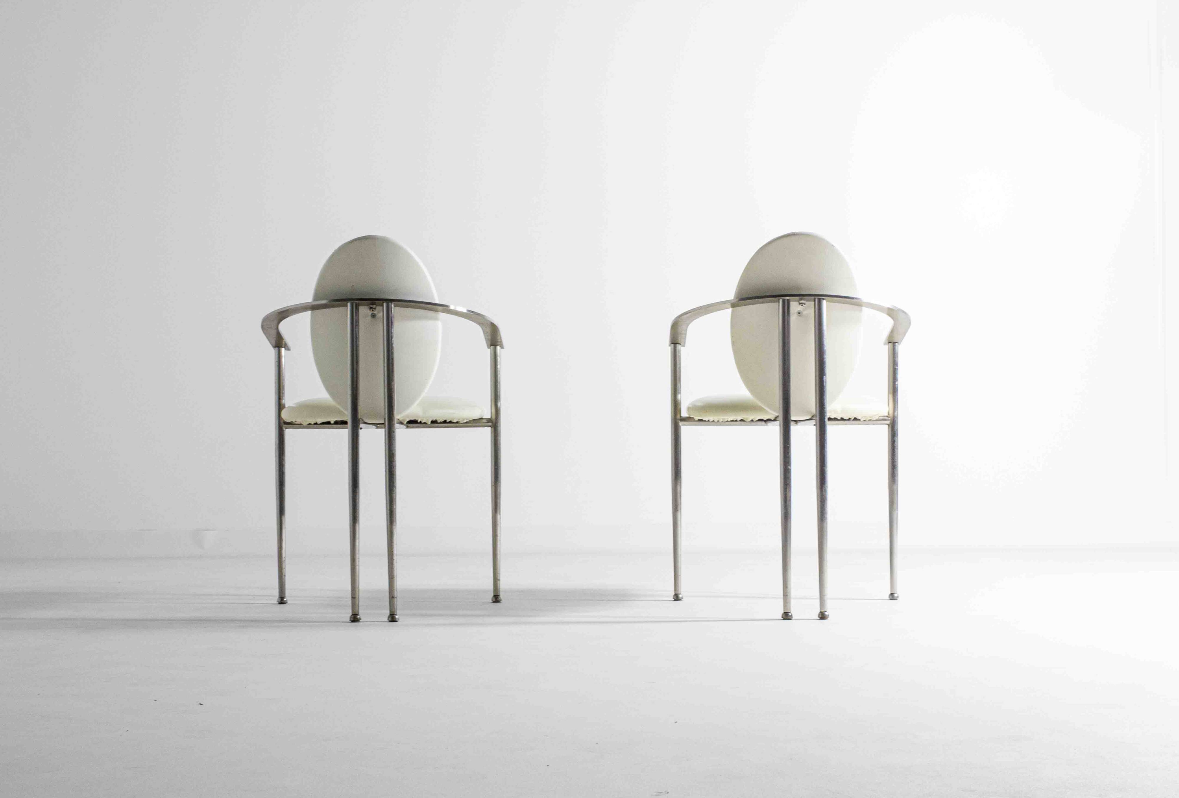 Postmodern dining chairs in steel and white leather, Belgium 1980s