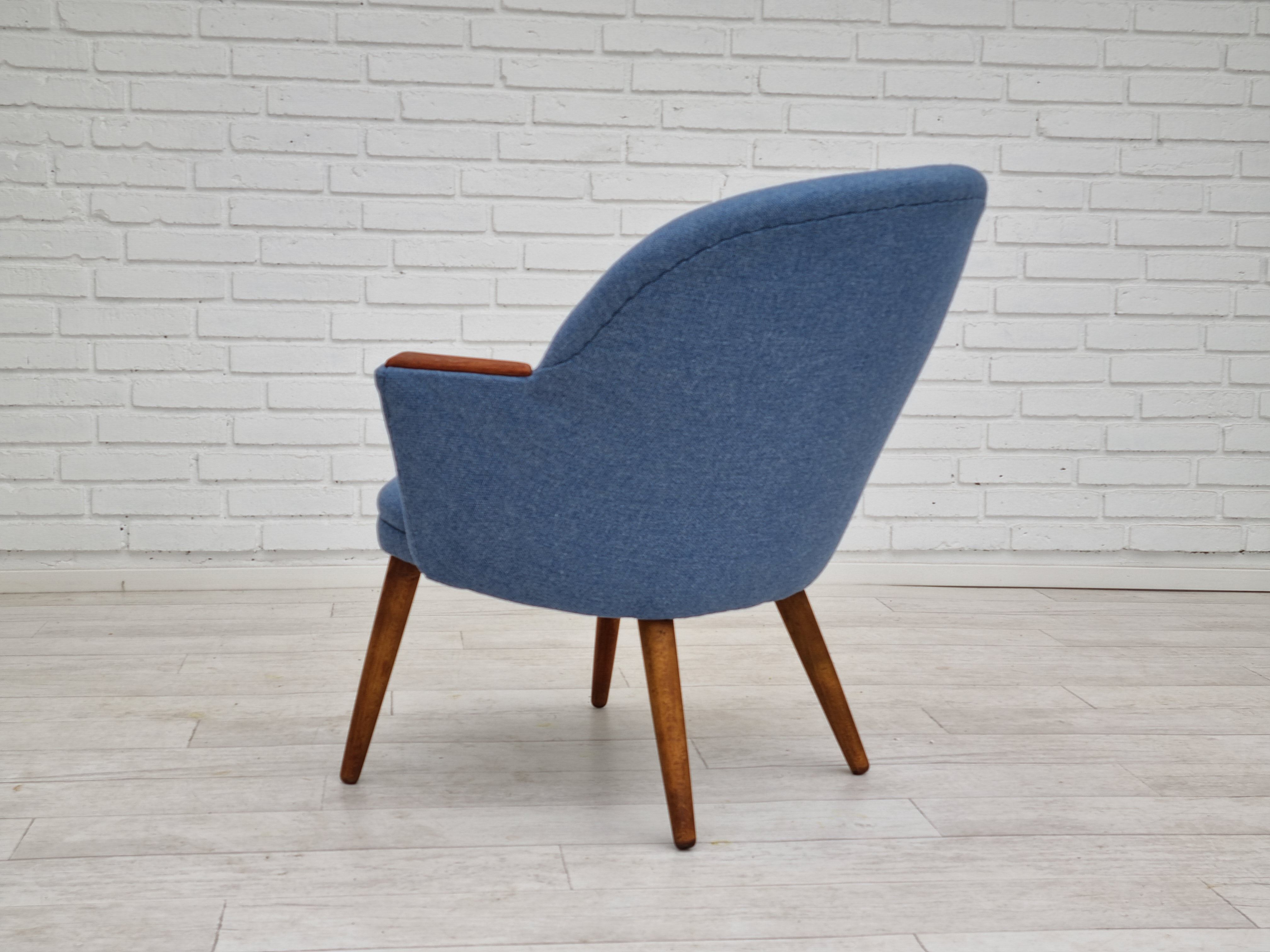 1960s, danish design, reupholstered lounge chair, camira furniture wool fabric, teak