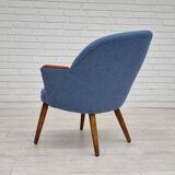 1960s, danish design, reupholstered lounge chair, camira furniture wool fabric, teak