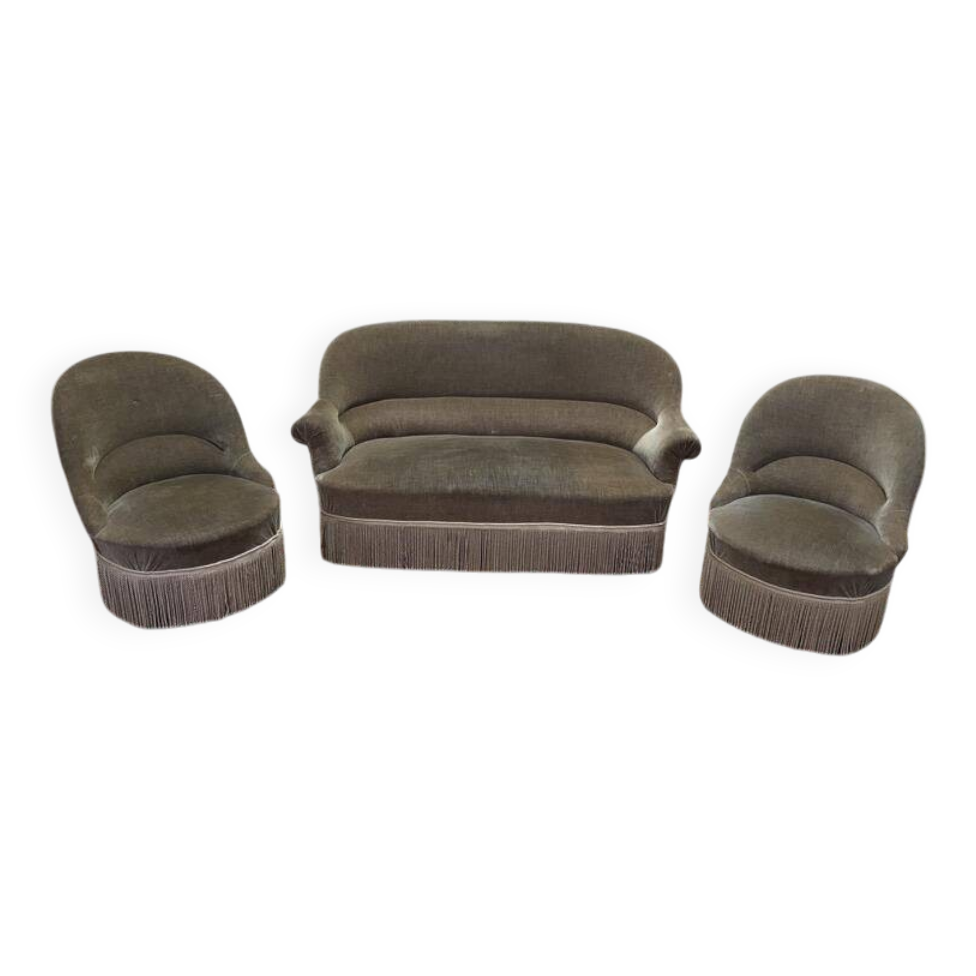 Salon crapaud avec canapé et fauteuils velours marron