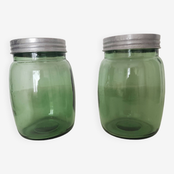 Pair of large old green jars height 34 cm containing 3 l