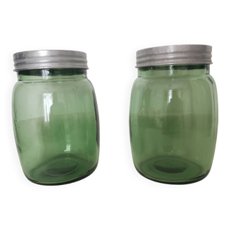 Pair of large old green jars height 34 cm containing 3 l
