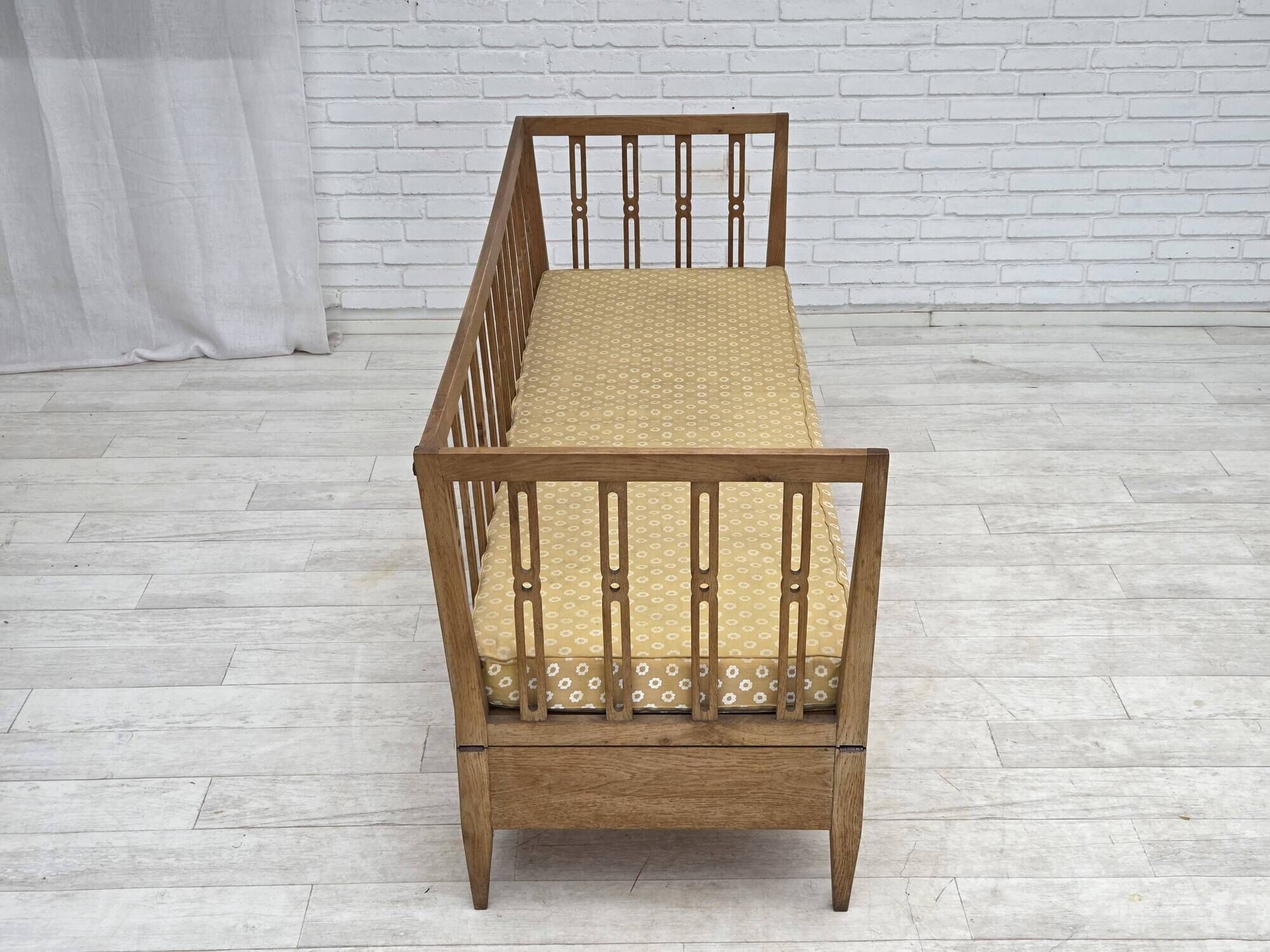 1970s, Swedish drop arm sofa/daybed, furniture fabric, oak wood.