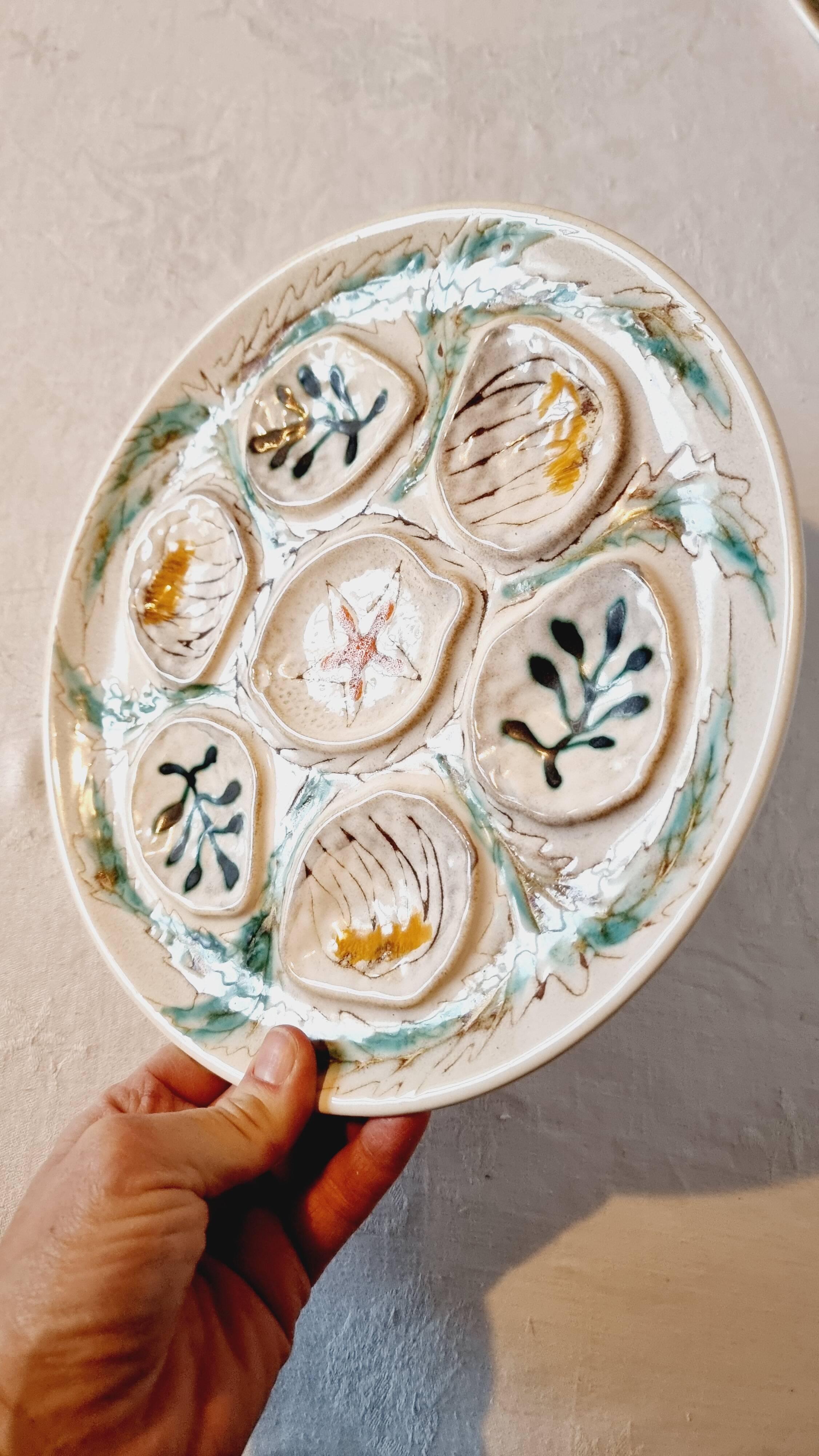 Interesting French porcelain oyster dish MBFA Pornic hand-painted marine M.