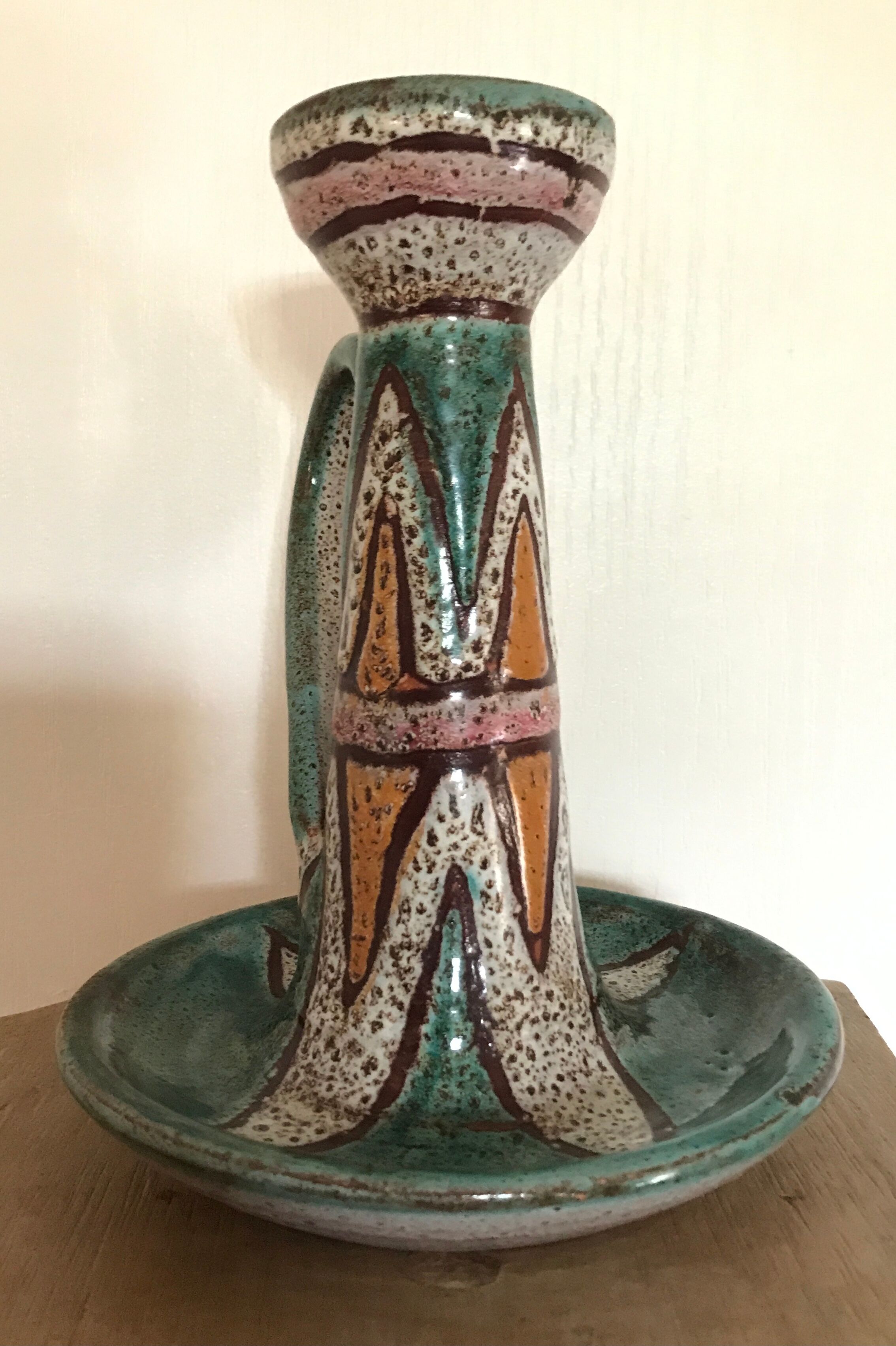 Hand candleholder in enamelled ceramic, polychrome paint, art deco, numbered