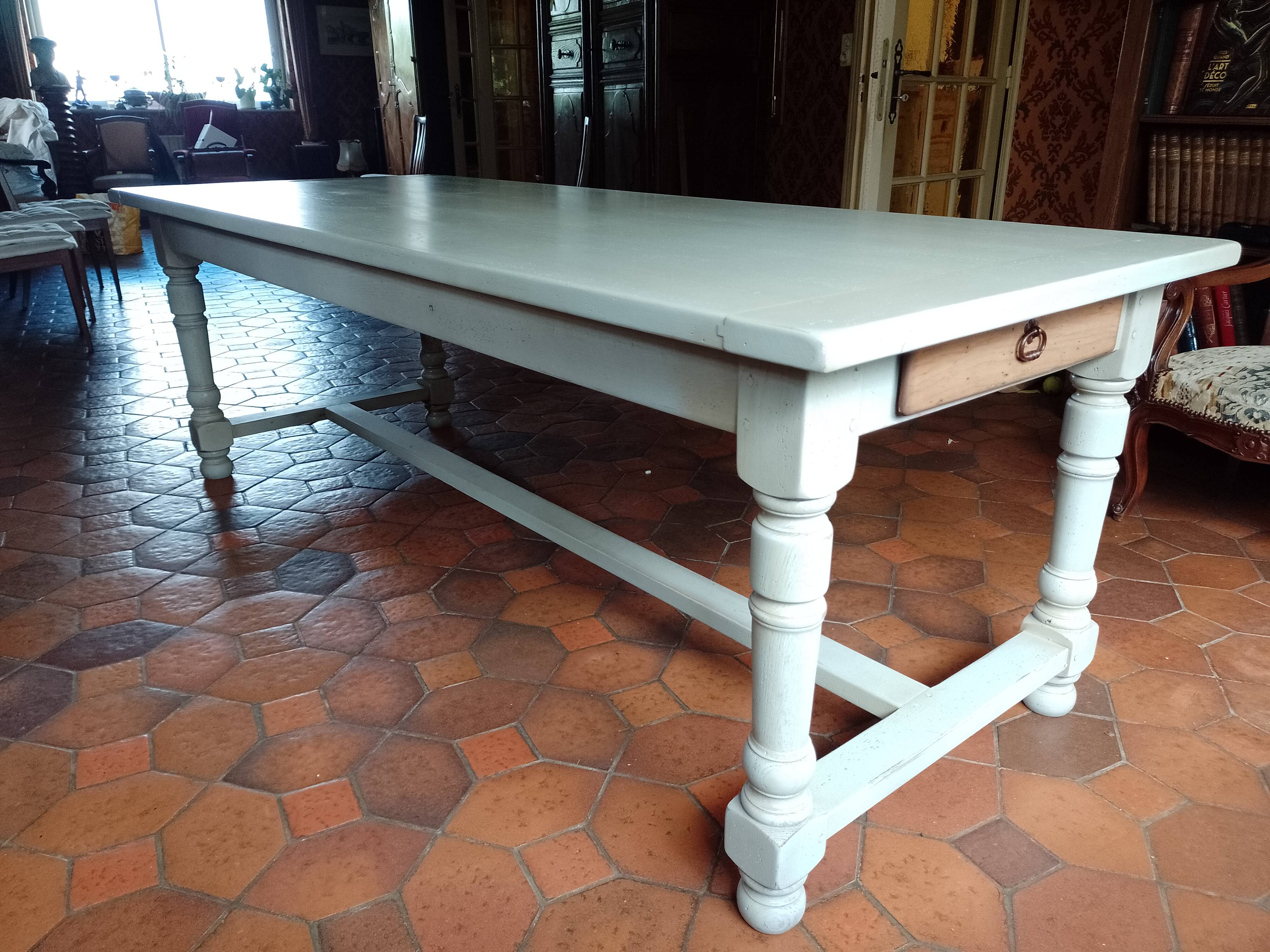 Antique solid oak farmhouse table with turned legs