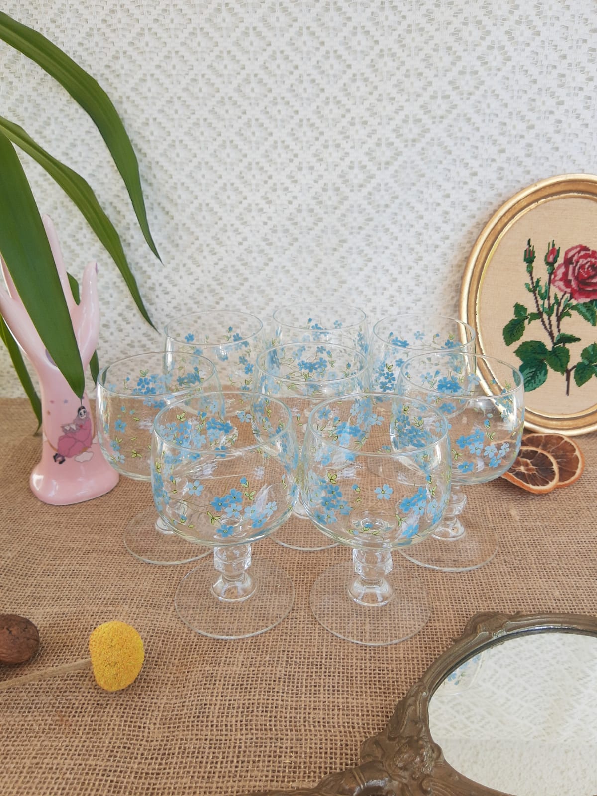 Ensemble de 8 verres à vin ballon Myosotis Veronica vintage