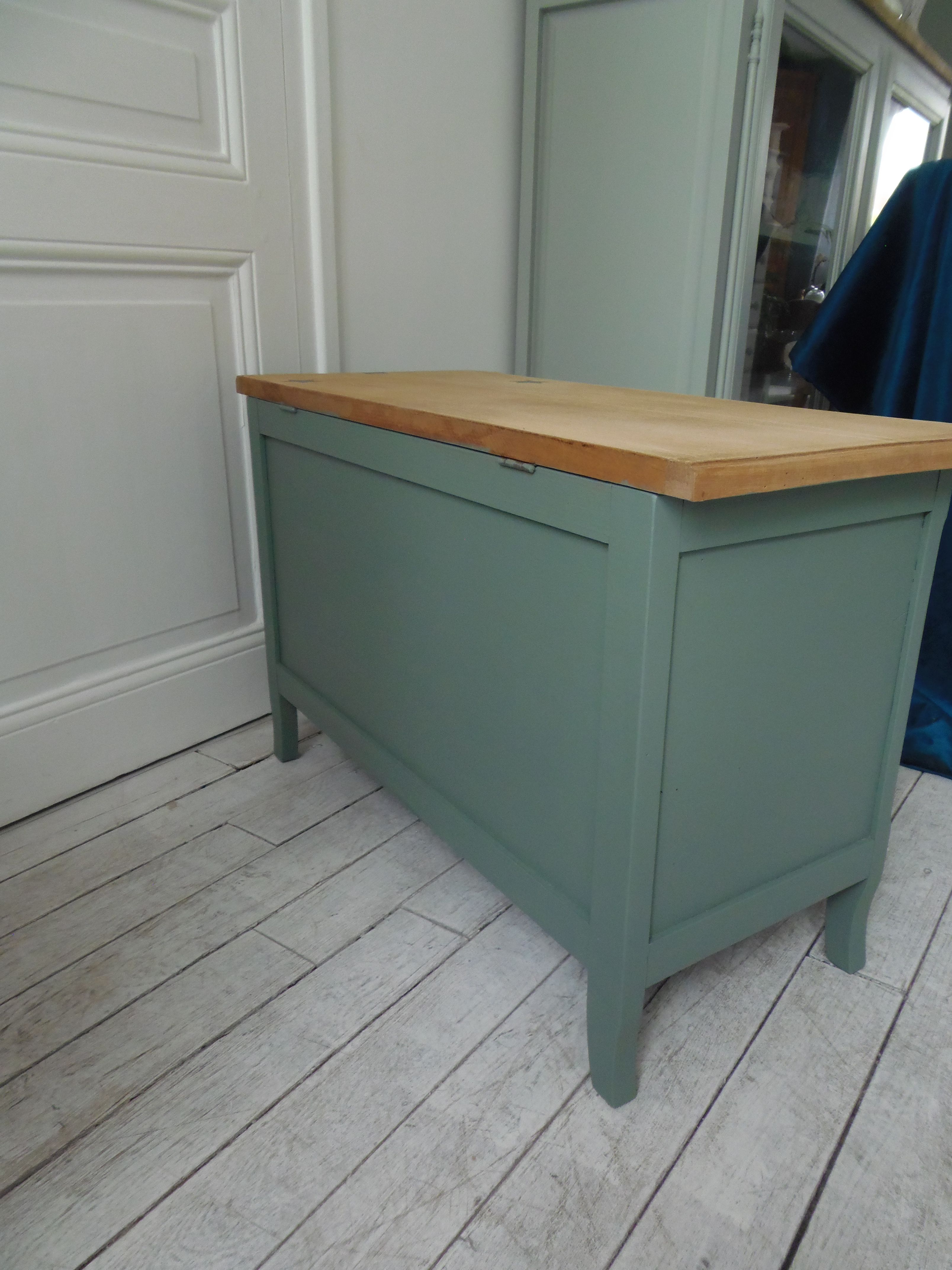 Vintage toy chest green of gray waxed finish, waxed top medium oak.