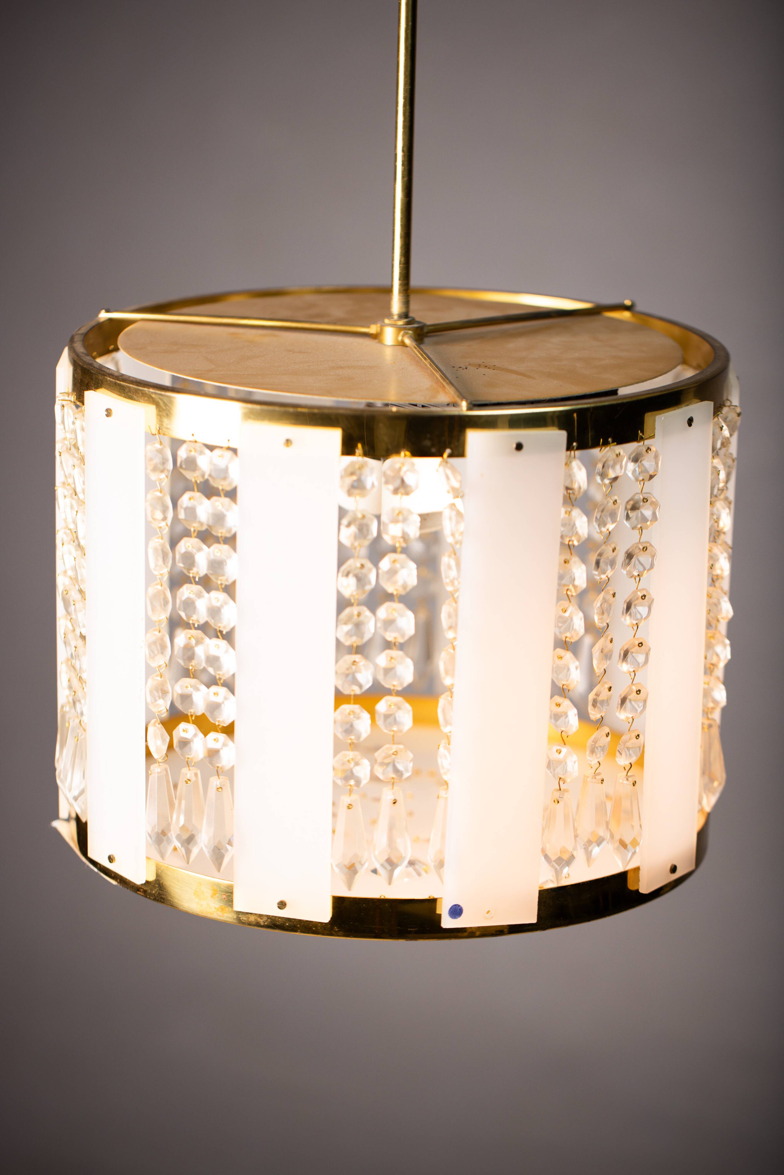 Vintage Crystal Chandelier: 1970s Czech Brass Glass Pendant Light
