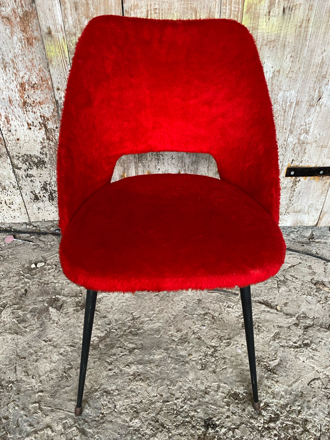 ACHILLE DECOMMERE Chair Red Fur + Black Metal Compass Legs Vintage