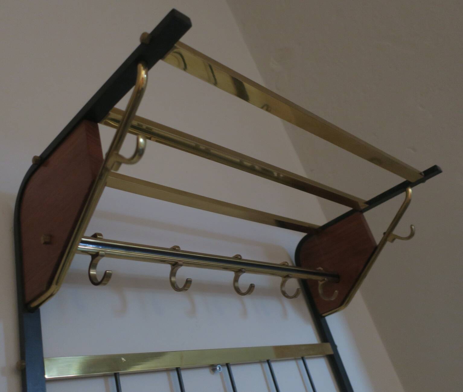 Mid-century brass and teak wall coat rack, 1960s