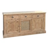 Renovated solid raw wood and cane sideboard - 3-door buffet