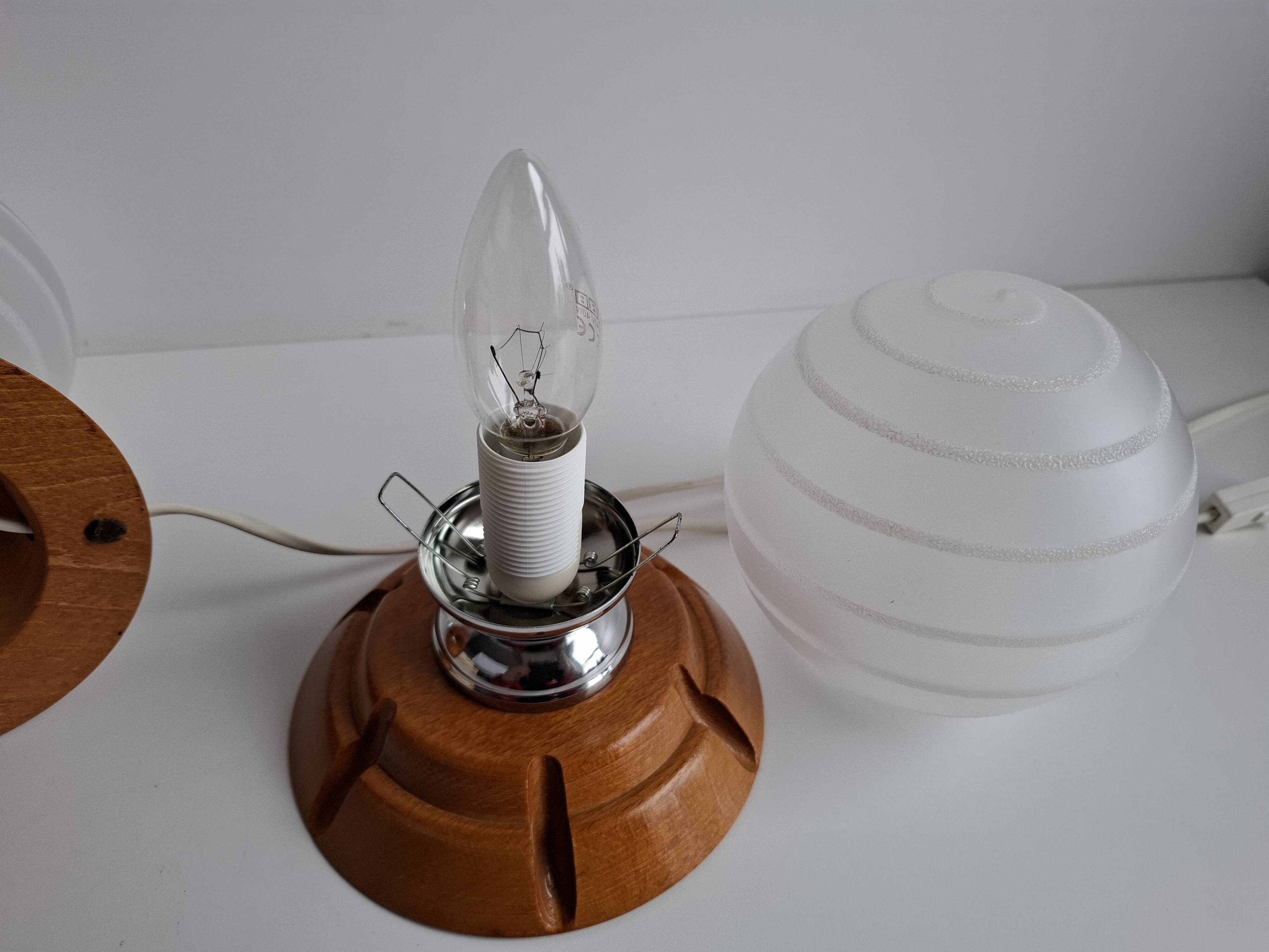 Pair of Mid-Century Czech Wood and Frosted Glass Table Lamps, 1990