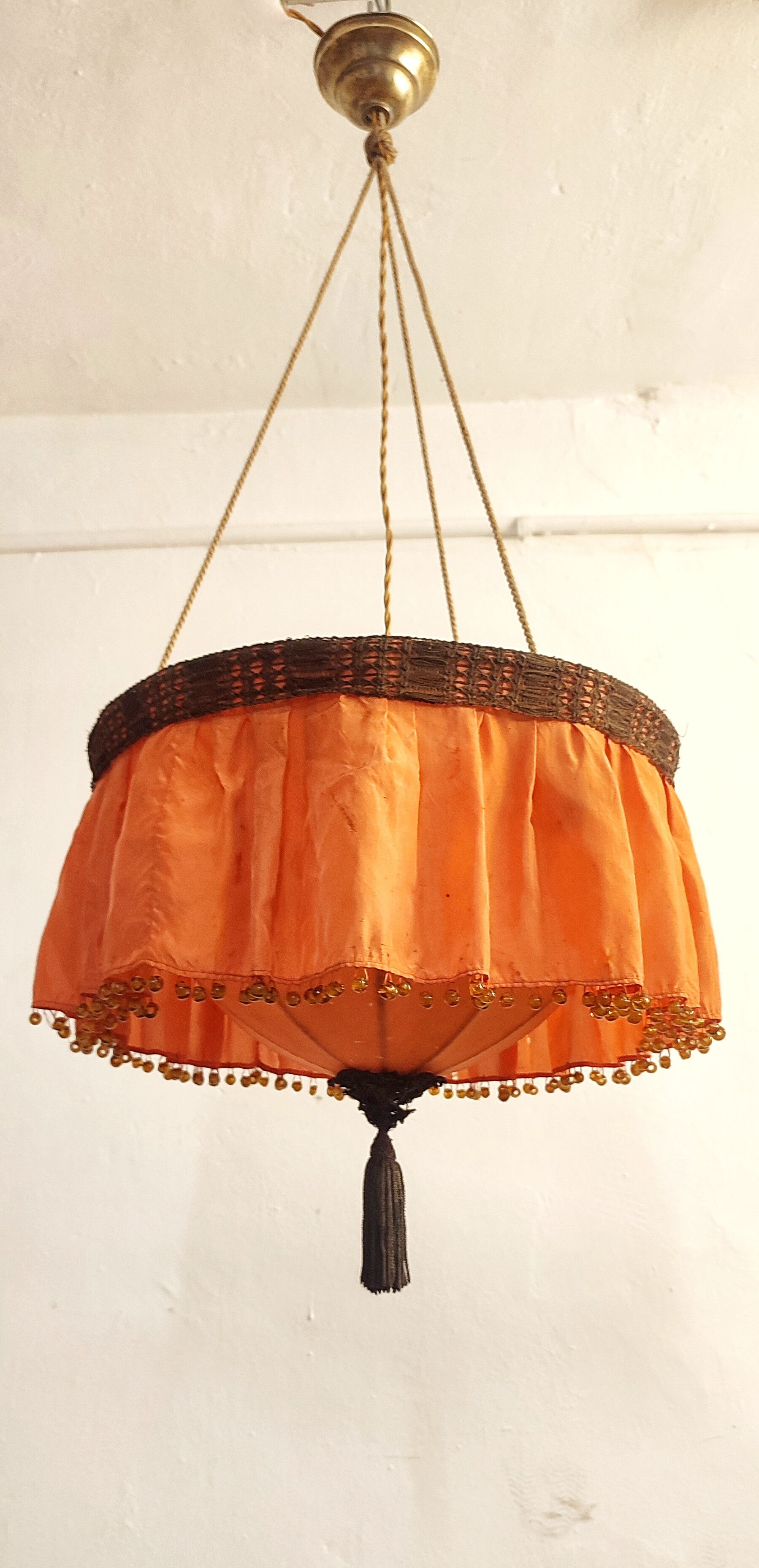 Ceiling lamp made of satin fabric and crystals, Spain, 1940