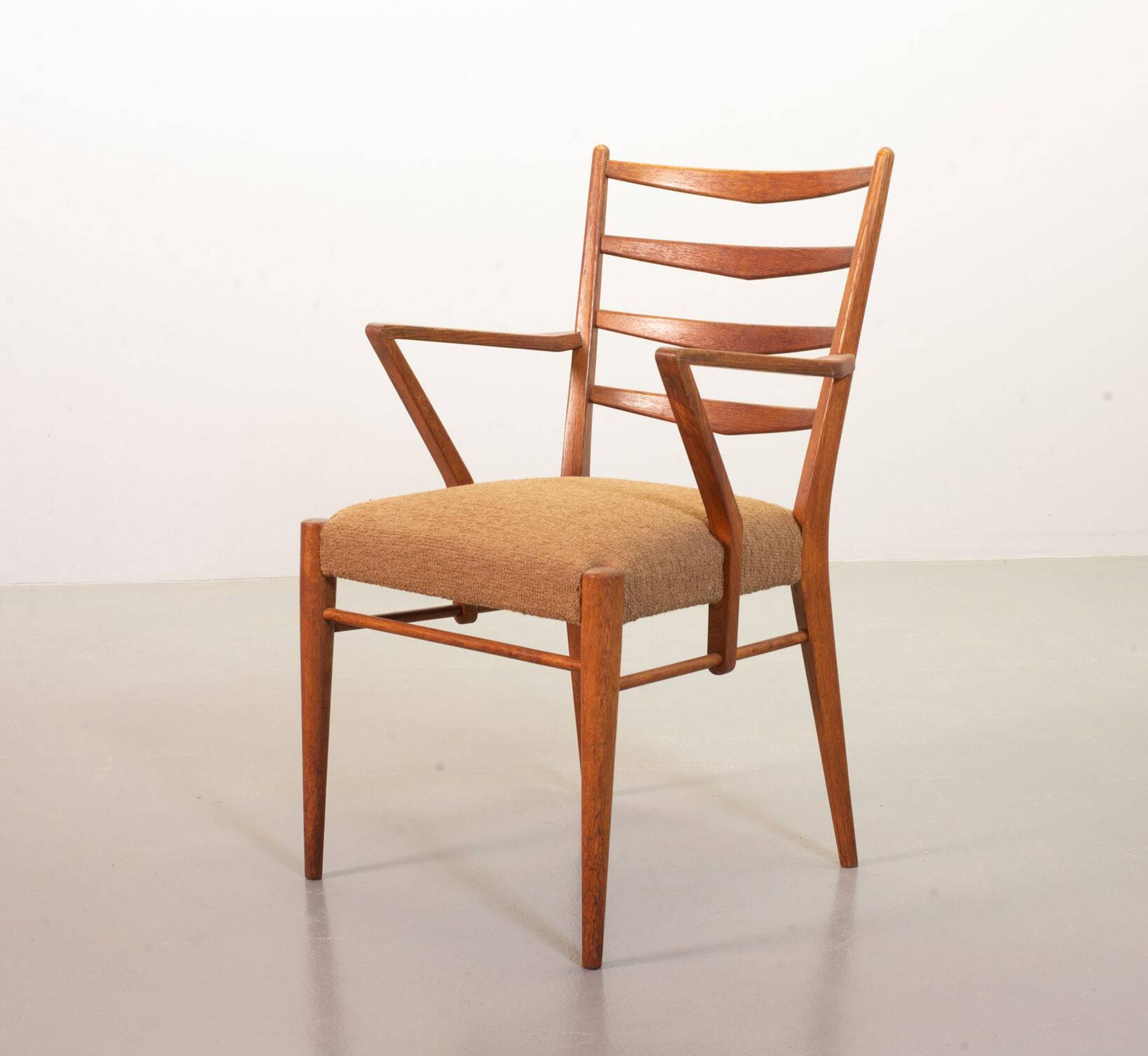Cees Braakman Dutch Design Wooden Ladder Arm Chairs & Caramel Bouclé Fabric