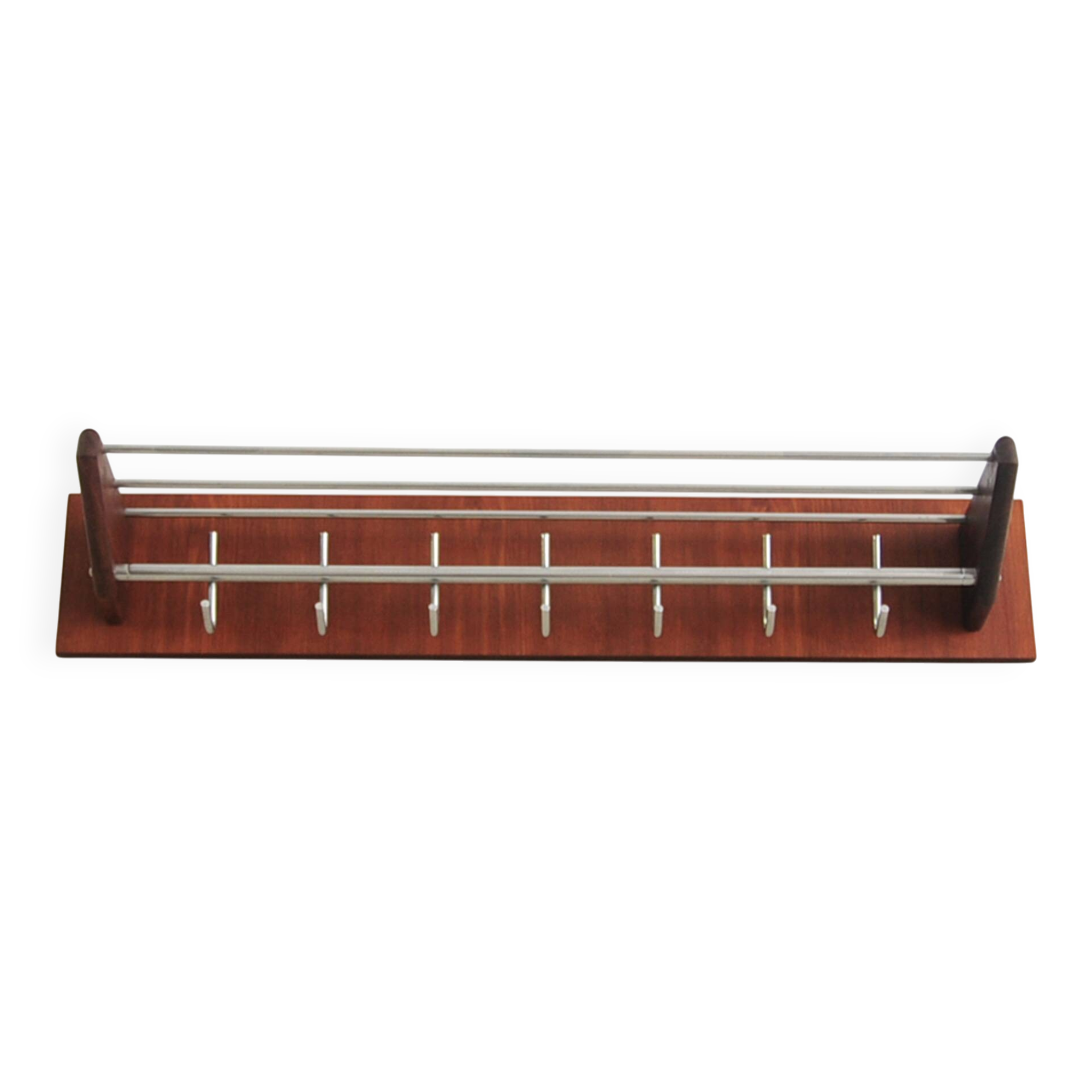 Teak wood & chrome wall coat rack