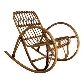 Petit Rocking-chair vintage en rotin pour enfants des années 60