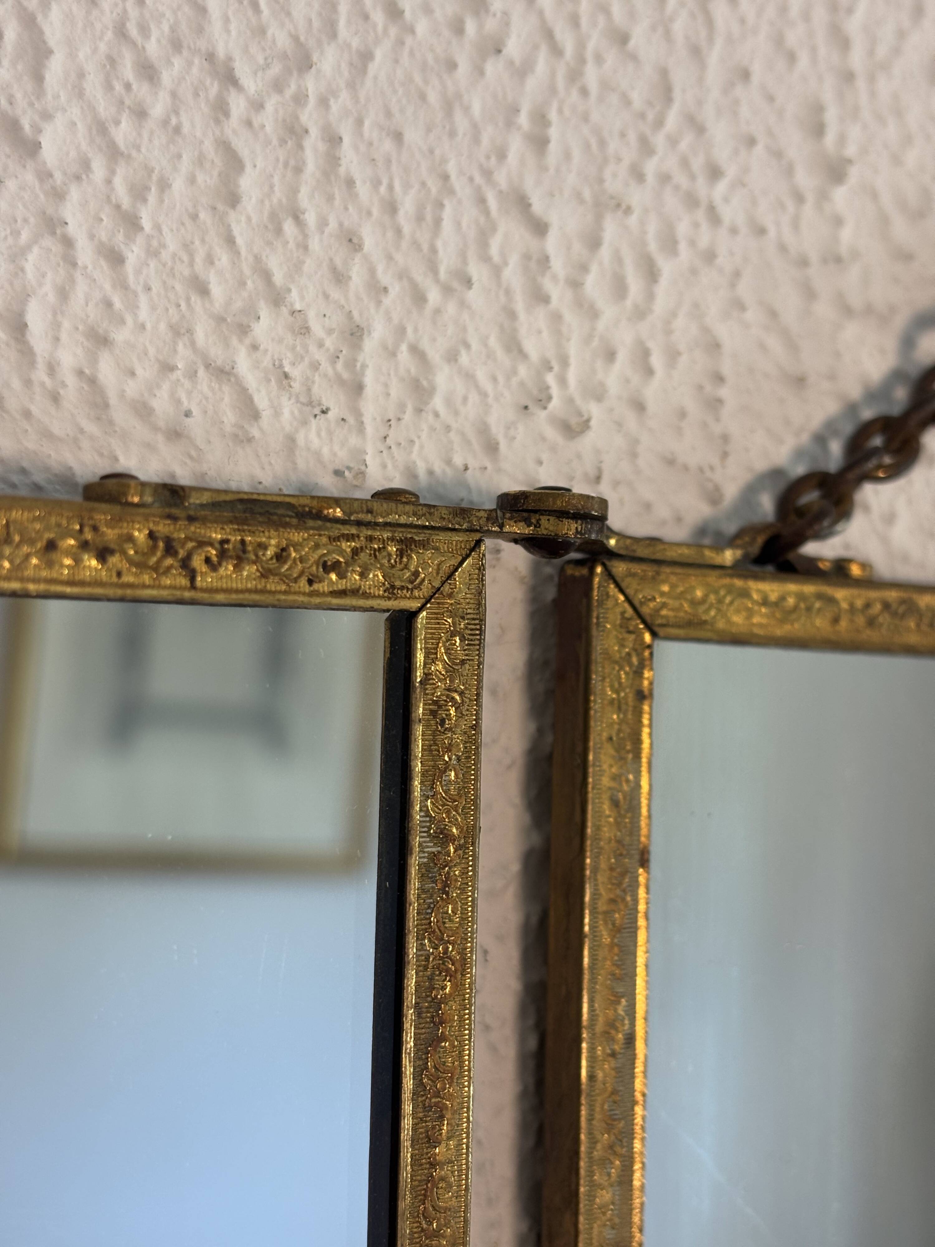 Vintage 1900s triptych barber mirror JB gilt burgundy - 30 x 67 cm