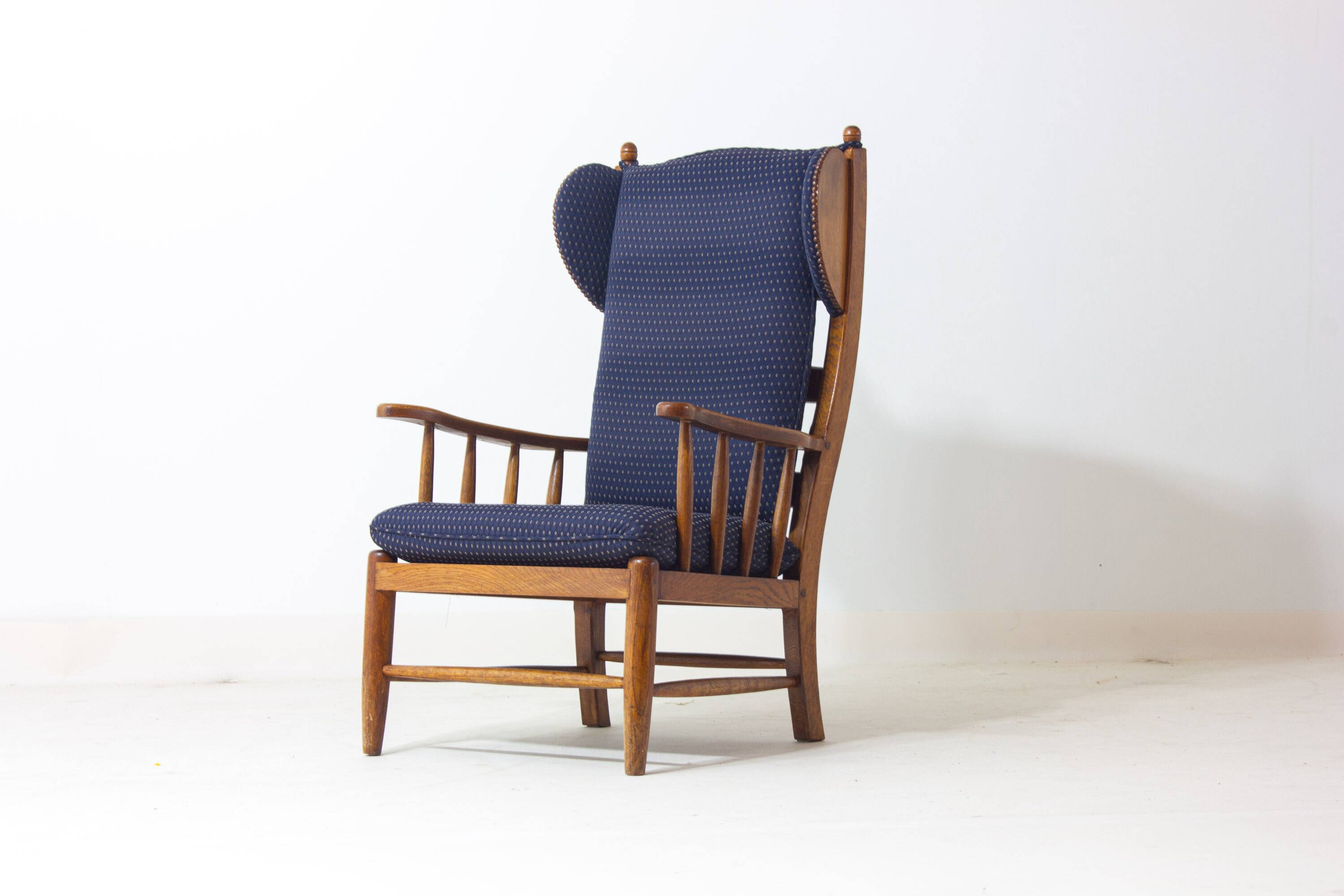 French lounge chair in oak and blue fabric, 1960s