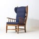 French lounge chair in oak and blue fabric, 1960s