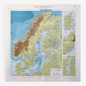 Carte vintage Scandinavie Norvège Suède Finlande 43x43cm de 1950