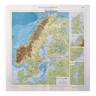 Carte vintage Scandinavie Norvège Suède Finlande 43x43cm de 1950